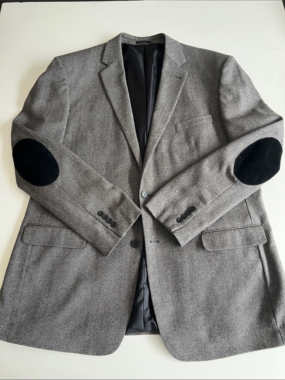 Worsted Wool & Silk Herringbone Blazer with Black Suede Elbow Patches
